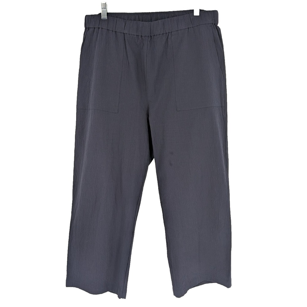 ELAINE FISHER Pants LARGE Navy Crinkle Cotton Elastic Waist  Pockets Coastal